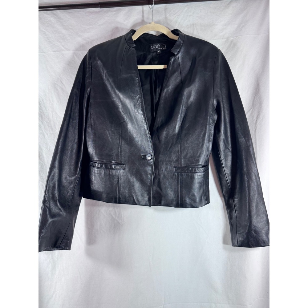 Carina New York Black Leather Blazer Jacket Collar Womens Size 10 Single Button